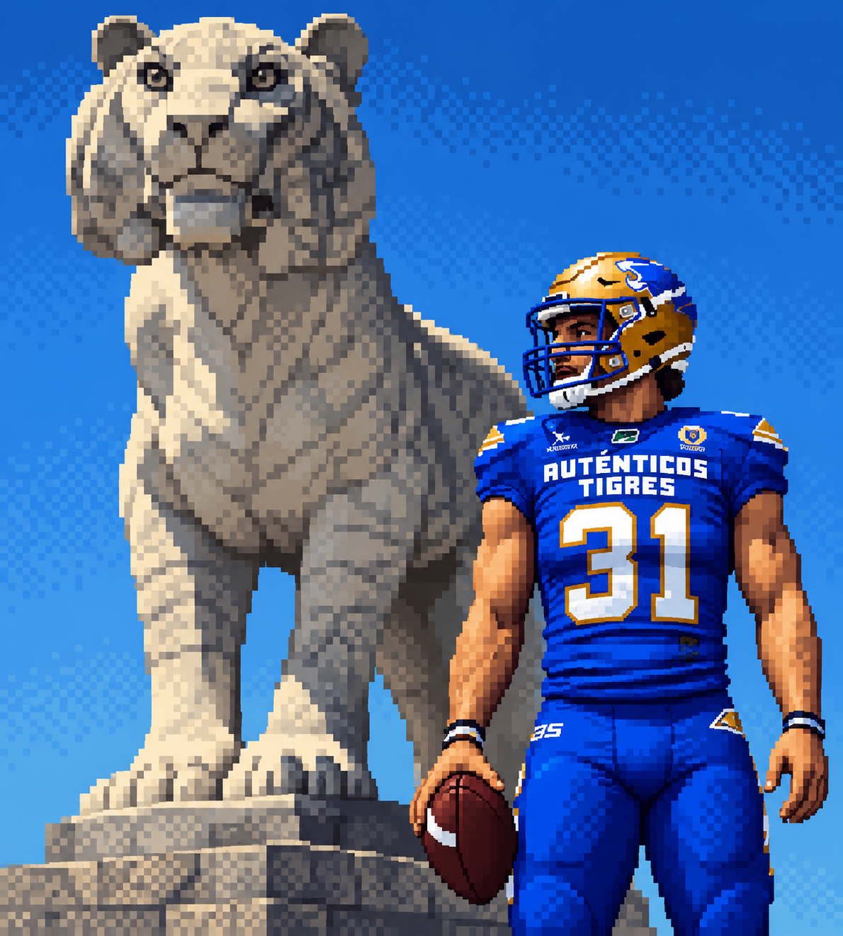 Ilustración pixel art de jugador de Auténticos Tigres junto a un tigre de piedra