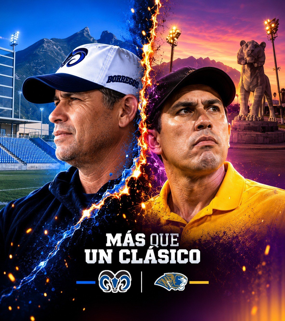Ilustración “Más que un clásico”: Carlos Altamirano, entrenador de Borregos Monterrey, y Antonio Zamora, entrenador de Auténticos Tigres
