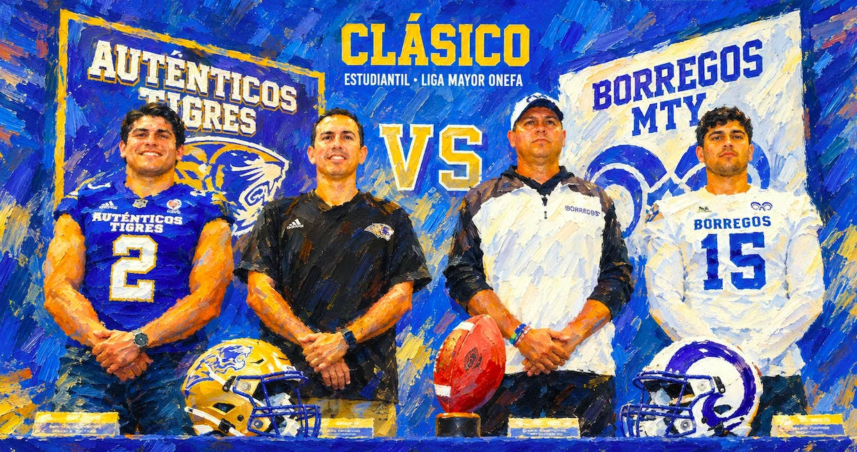 Ilustración: conferencia del Clásico Estudiantil con jugadores y entrenadores de Auténticos Tigres y Borregos Monterrey