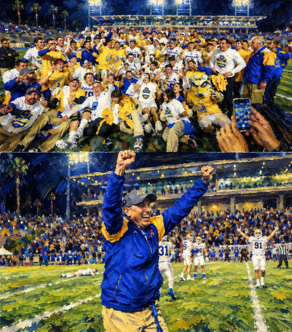 Ilustración: Auténticos Tigres celebran el campeonato de 2025 en el campo y su entrenador festeja con los brazos en alto